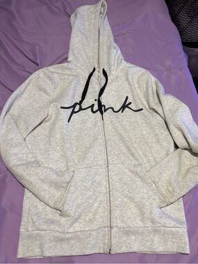 PINK Victoria's Secret Light Gray Hooded Sweatshirt with Black Drawstrings